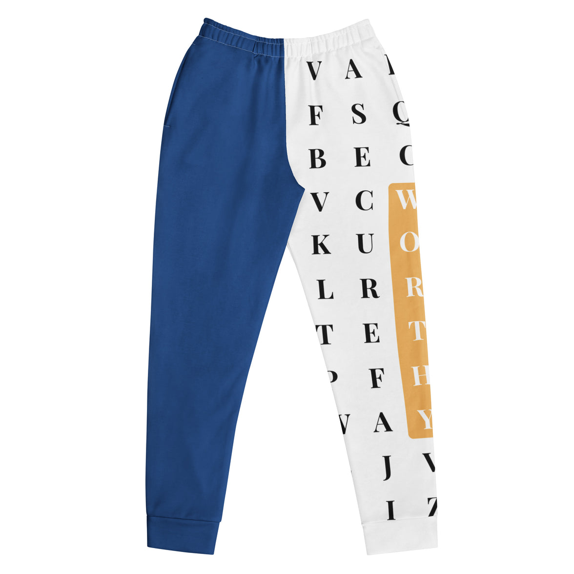 "The Gold Standard" statement joggers with blue colorblock, women’s bold activewear front view