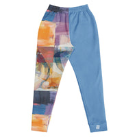 "Vision Unfolding" joggers with abstract pattern and blue colorblock, women’s bold activewear back view