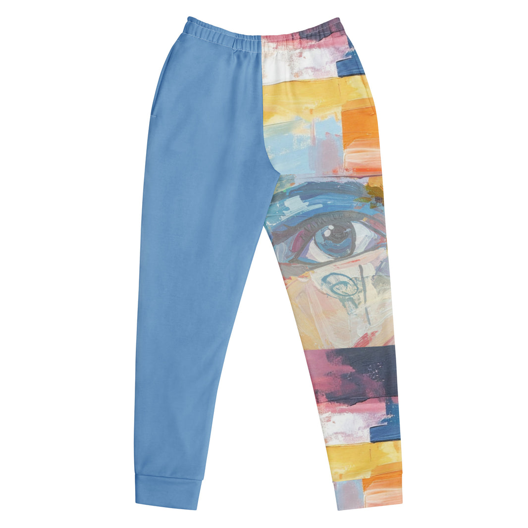 "Vision Unfolding" joggers with abstract pattern and blue colorblock, women’s bold activewear front view
