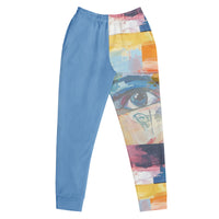 "Vision Unfolding" joggers with abstract pattern and blue colorblock, women’s bold activewear front view