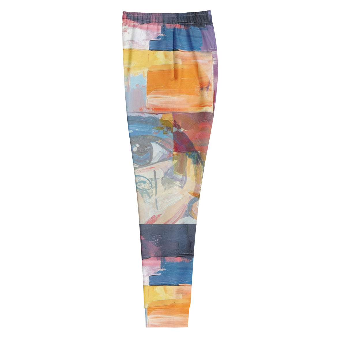 "Vision Unfolding" joggers with abstract pattern and blue colorblock, women’s bold activewear left view