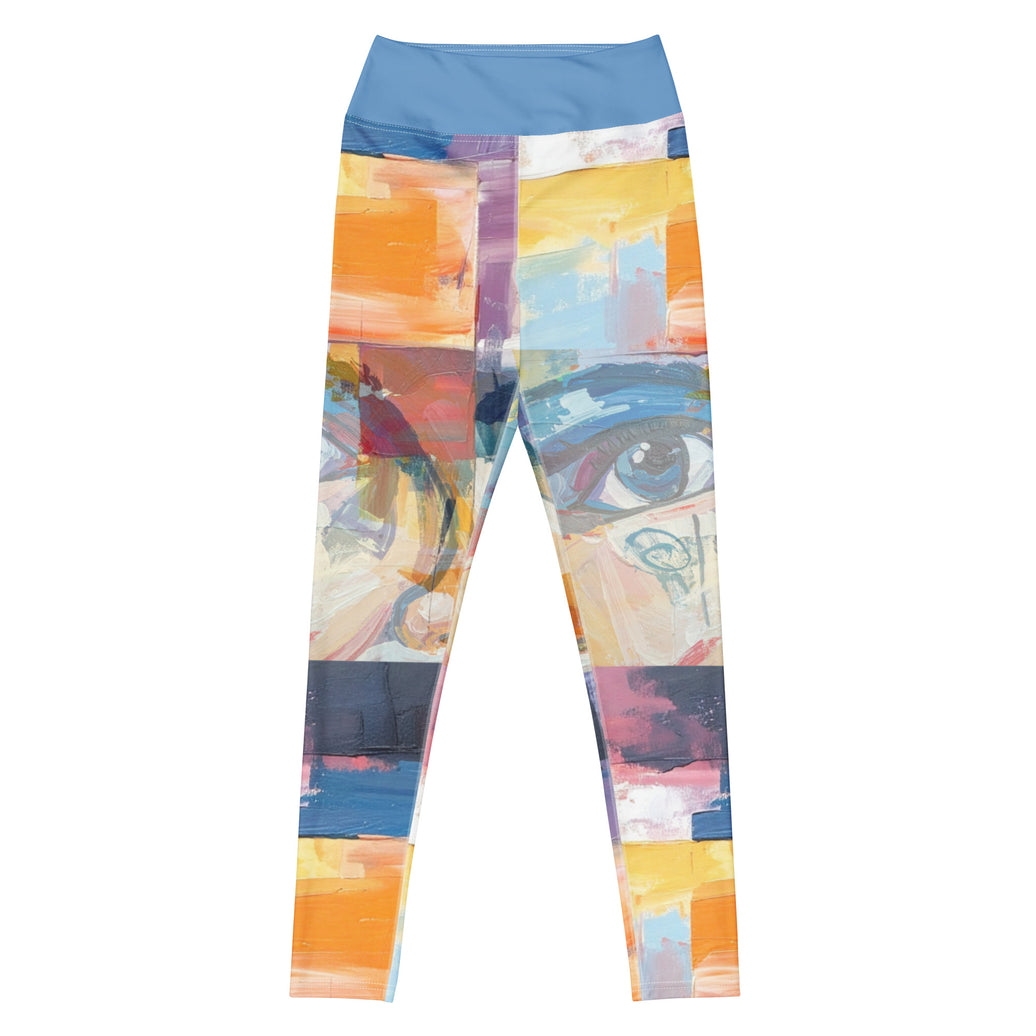 Vision unfolding abstract leggings with vibrant colors, eco-friendly women’s activewear front view