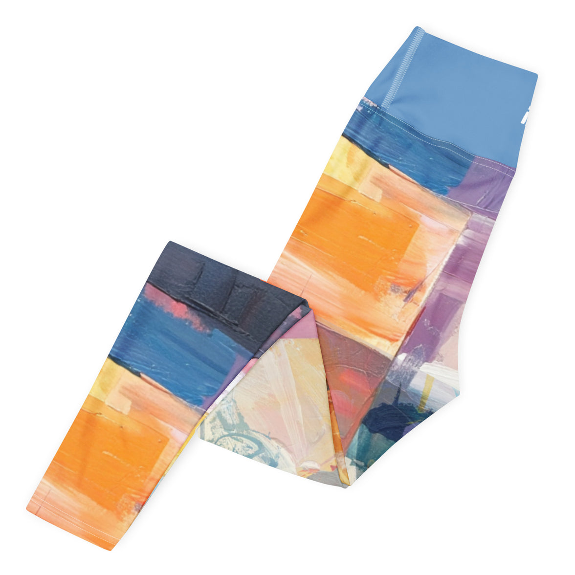 Vision unfolding abstract leggings with vibrant colors, eco-friendly women’s activewear left folded view
