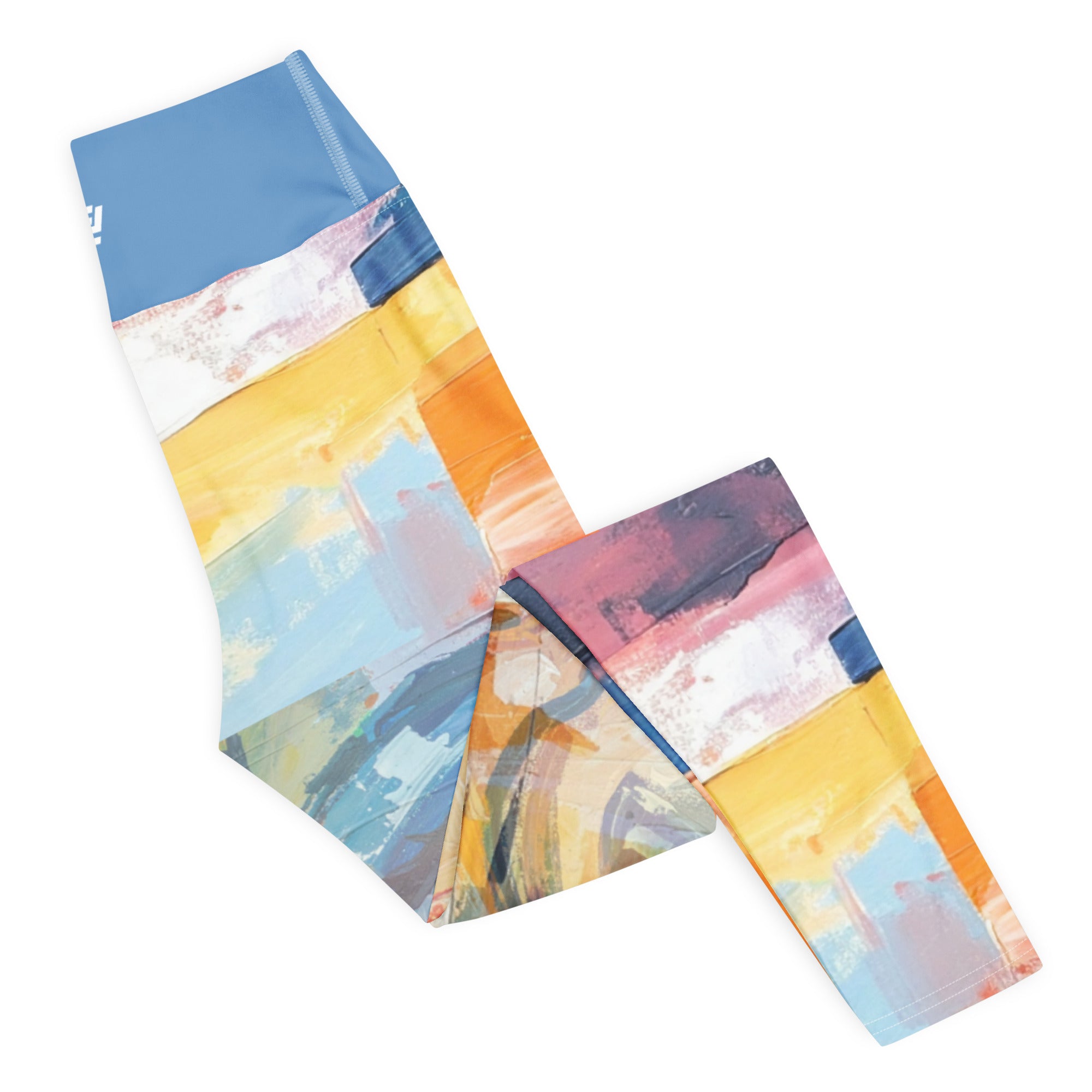 Vision unfolding abstract leggings with vibrant colors, eco-friendly women’s activewear right folded view