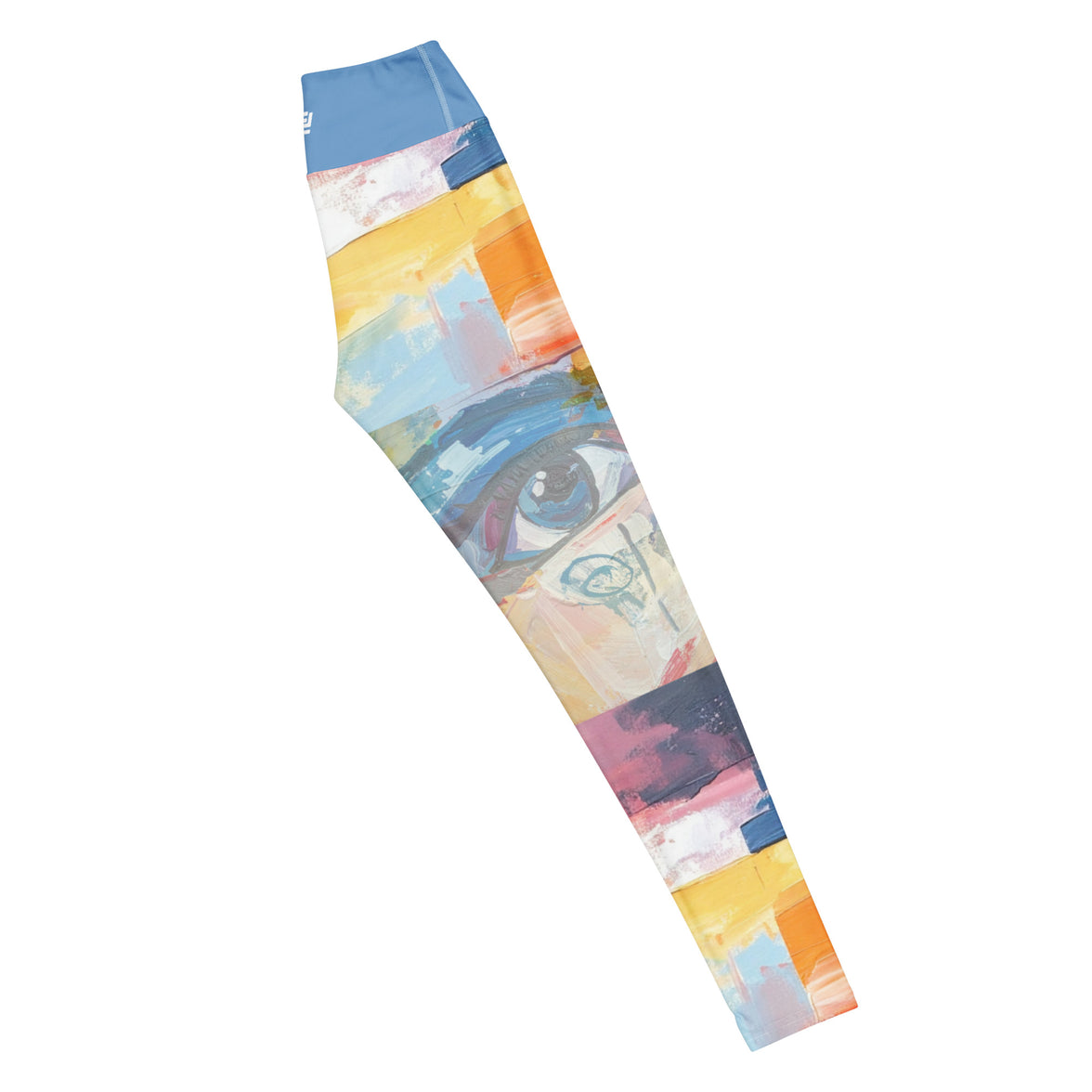 Vision unfolding abstract yoga leggings with vibrant colors, eco-friendly women’s activewear right long view