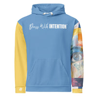 Vision unfolding blue hoodie with no back message front view