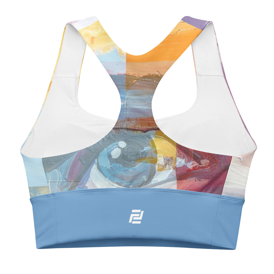 "Vision Unfolding" longline sports bra with blue band, medium-high support activewear back view
