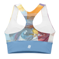 "Vision Unfolding" longline sports bra with blue band, medium-high support activewear back view