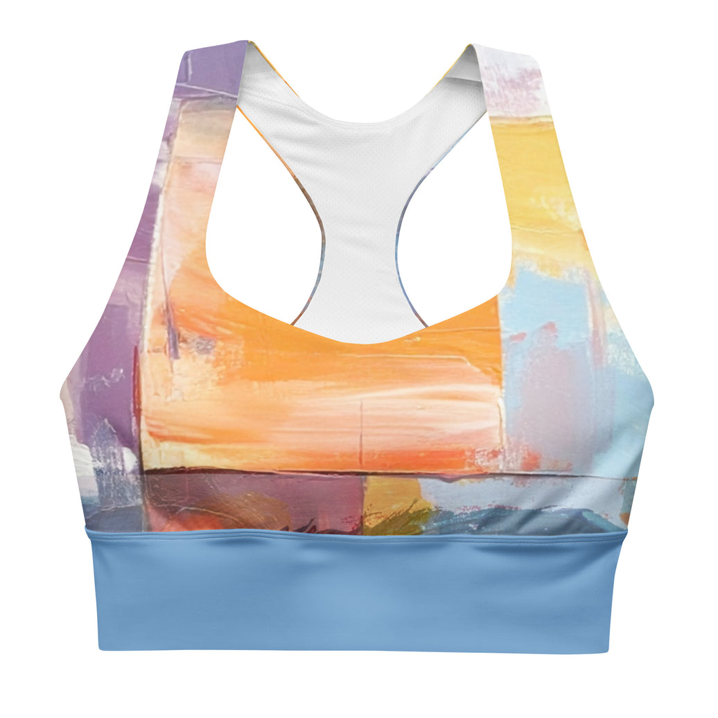 "Vision Unfolding" longline sports bra with blue band, medium-high support activewear front view