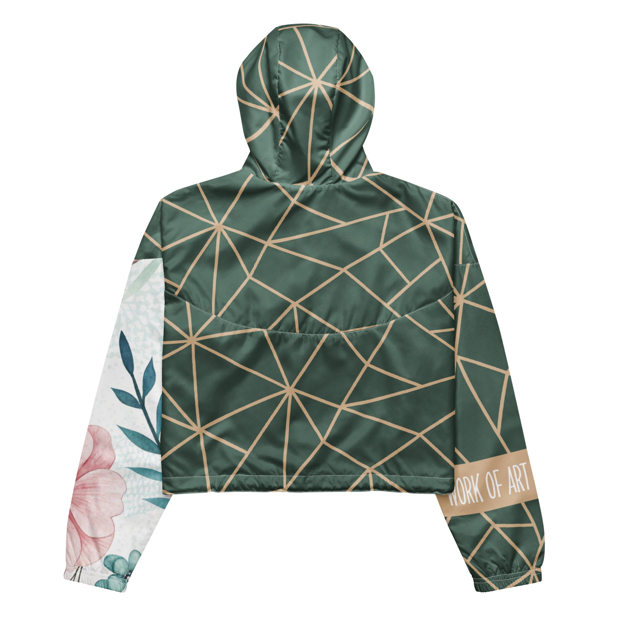 "Work of Art" cropped windbreaker with geometric floral pattern, back view