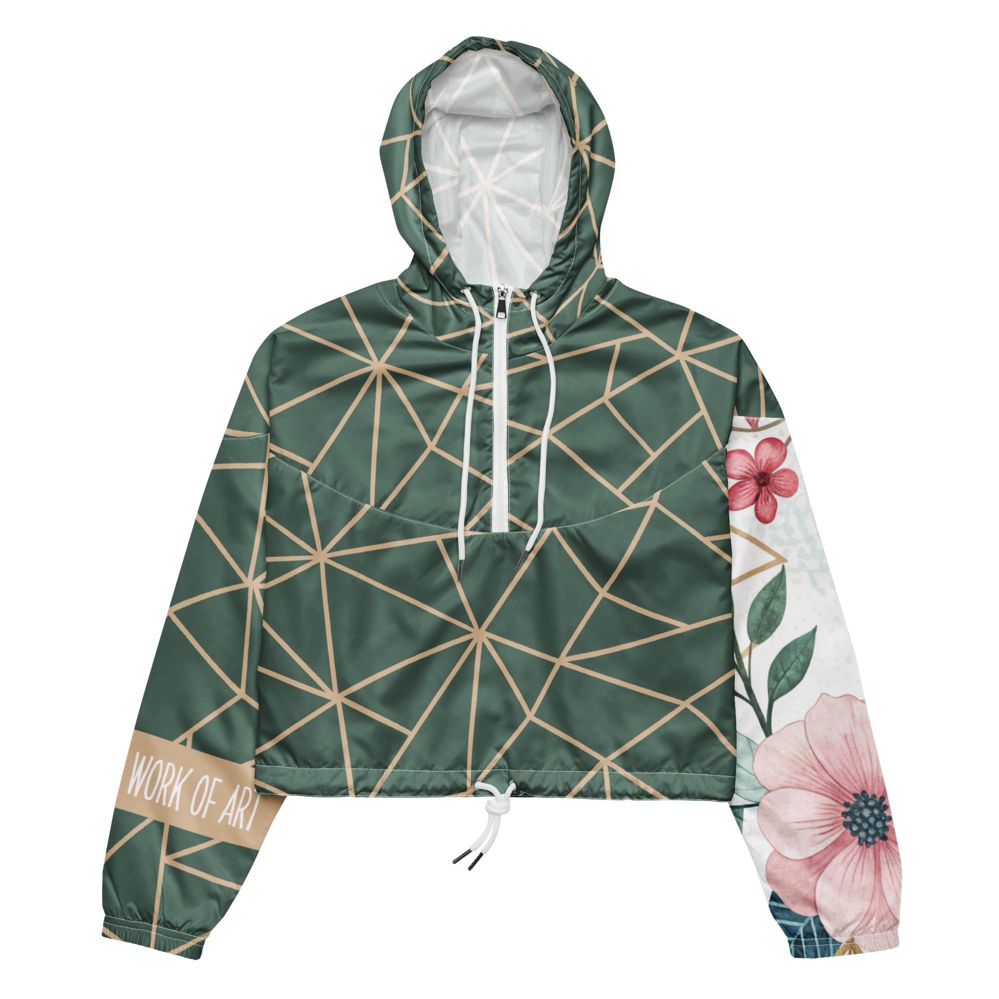 "Work of Art" cropped windbreaker with geometric floral pattern, front view
