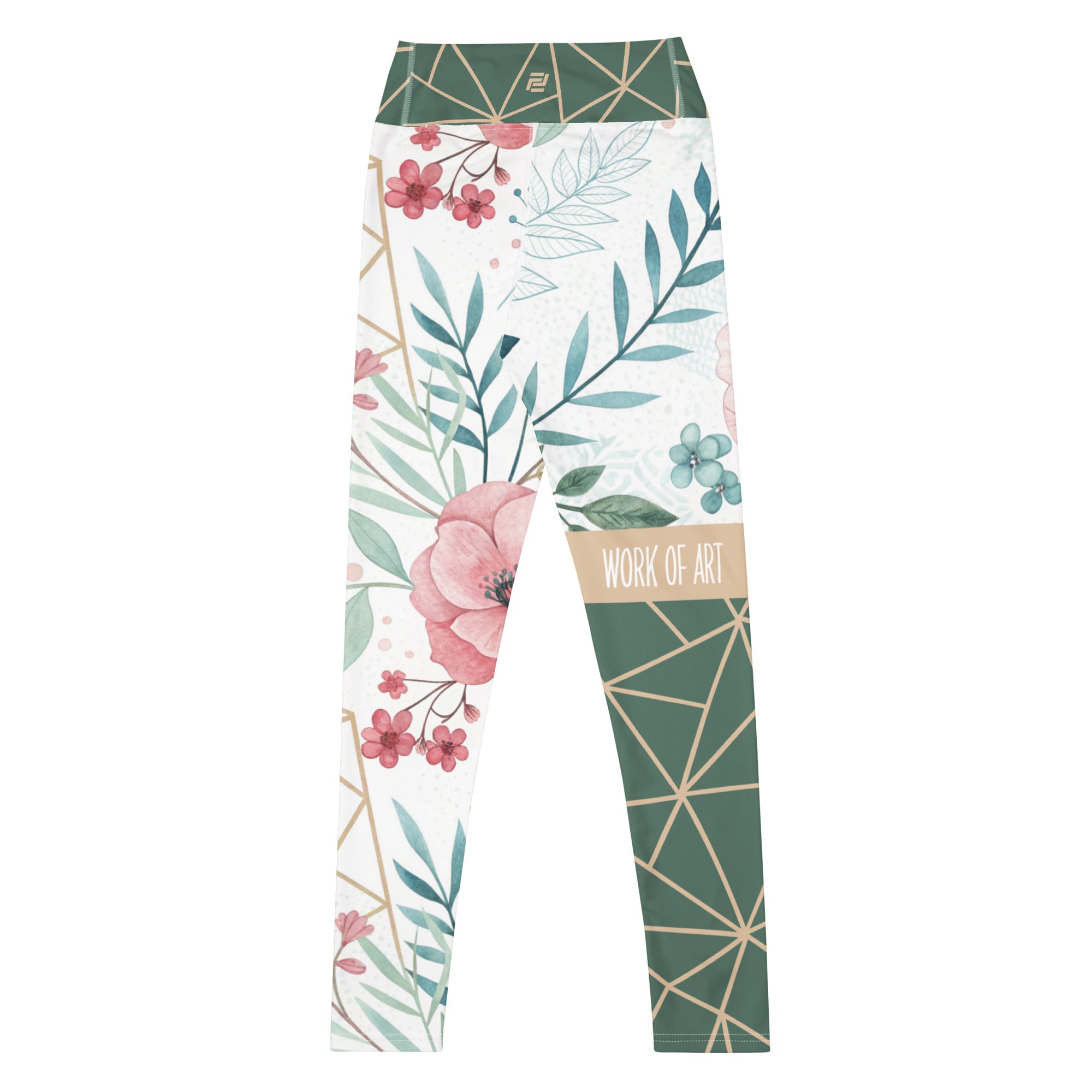 Work of art floral geometric leggings with soft colors, eco-friendly women’s activewear back view