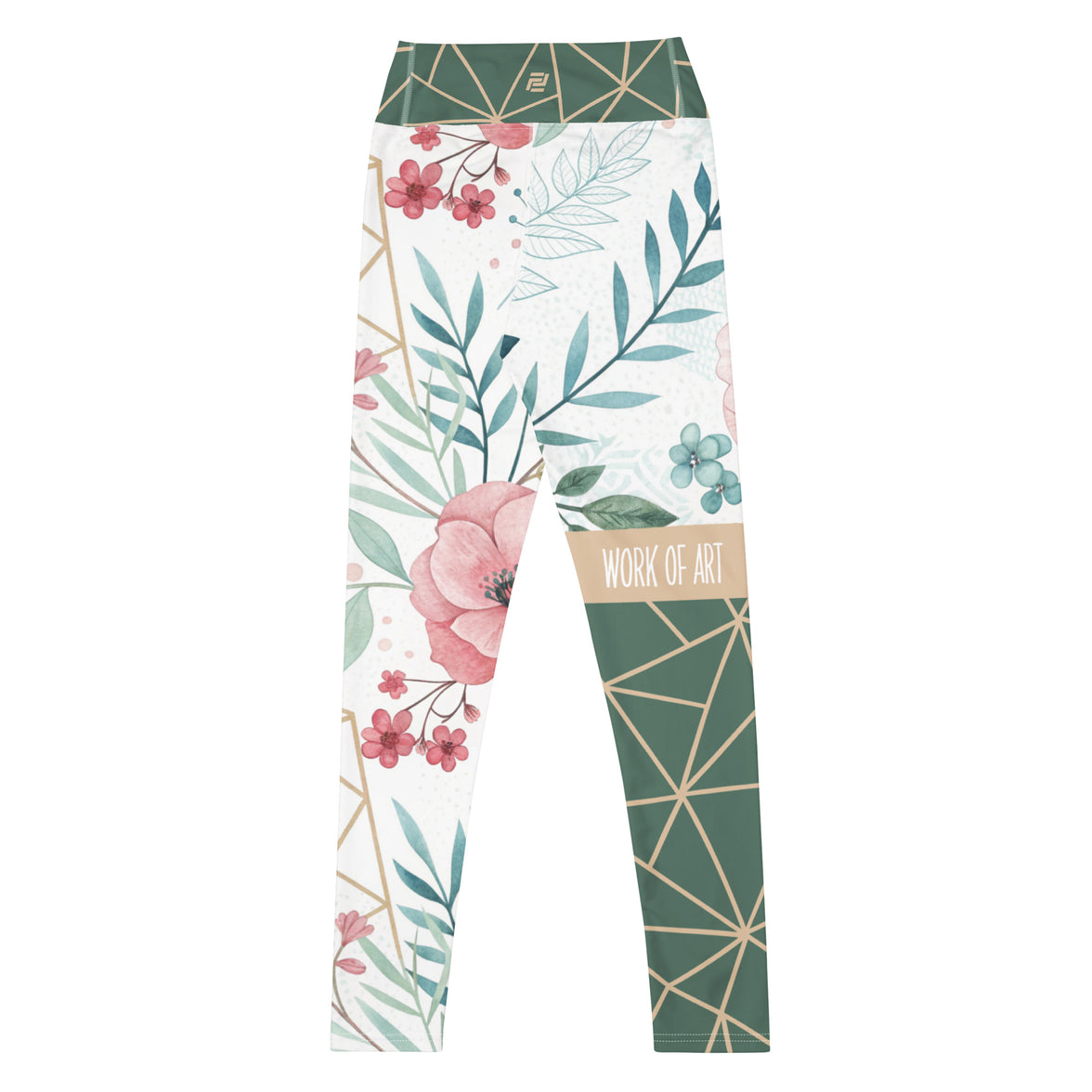 Work of art floral geometric leggings with soft colors, eco-friendly women’s activewear back view