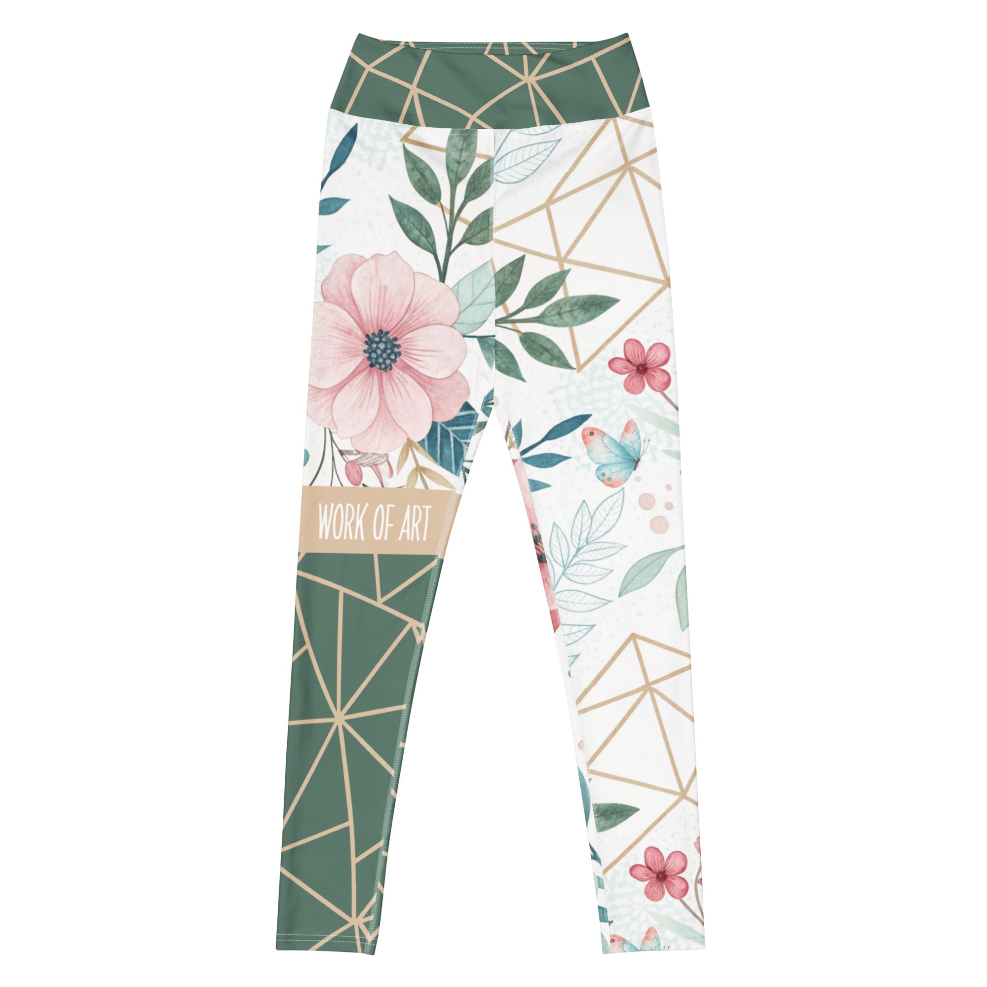 Work of Art floral geometric leggings with soft colors, eco-friendly women’s activewear front view