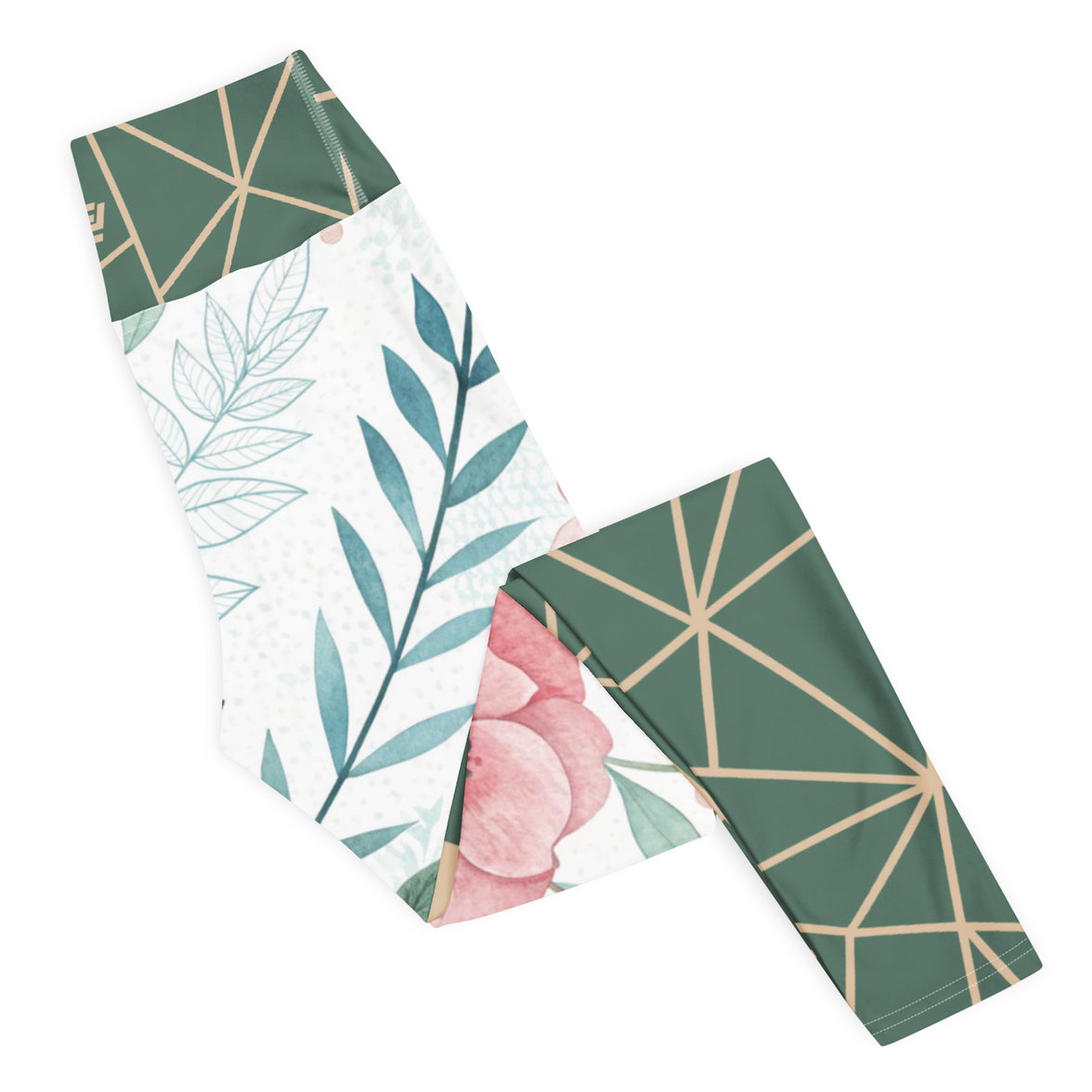 Work of Art Floral Geometric leggings with soft colors, eco-friendly women’s activewear right folded view