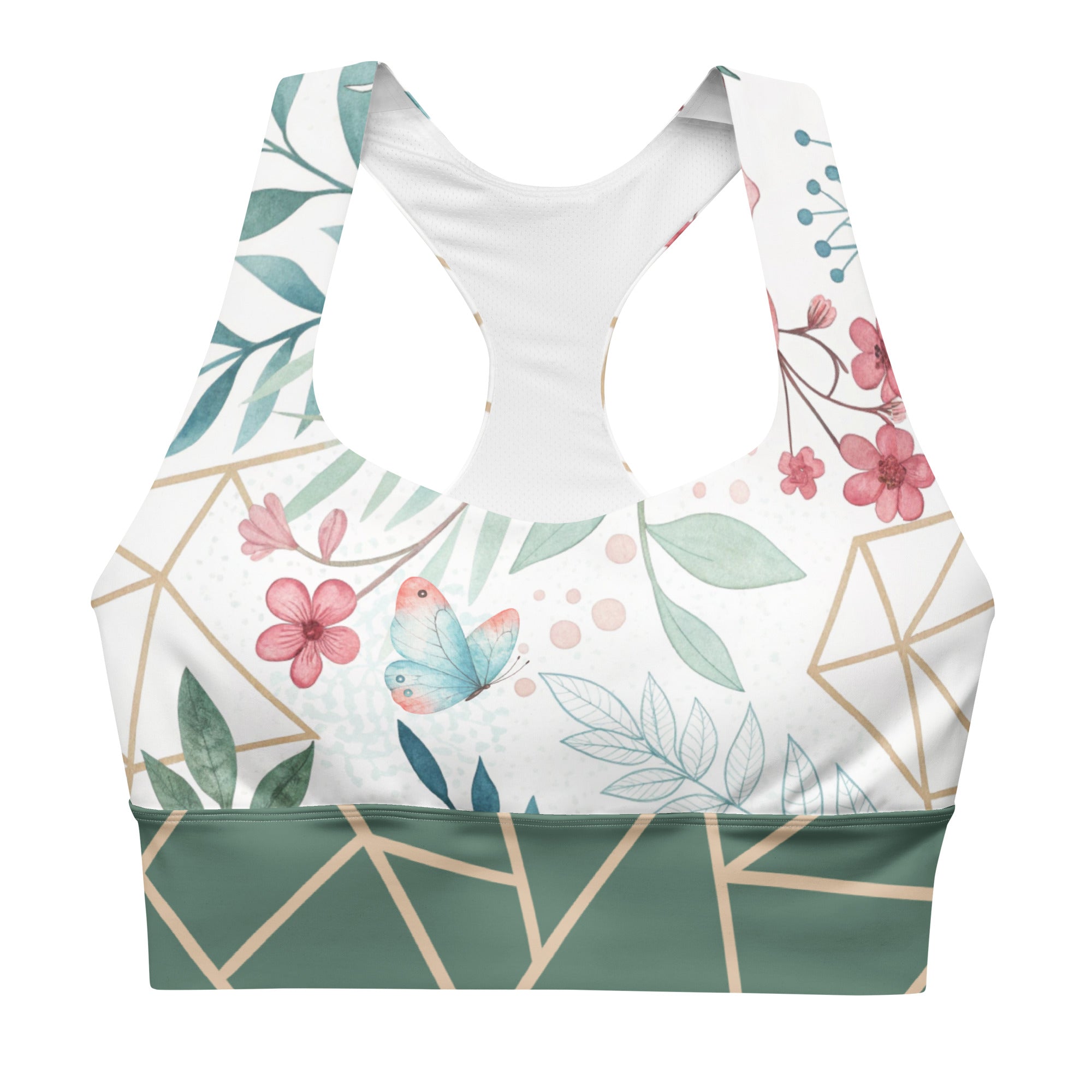 "Work of Art" longline sports bra with green band, medium-high support activewear front view