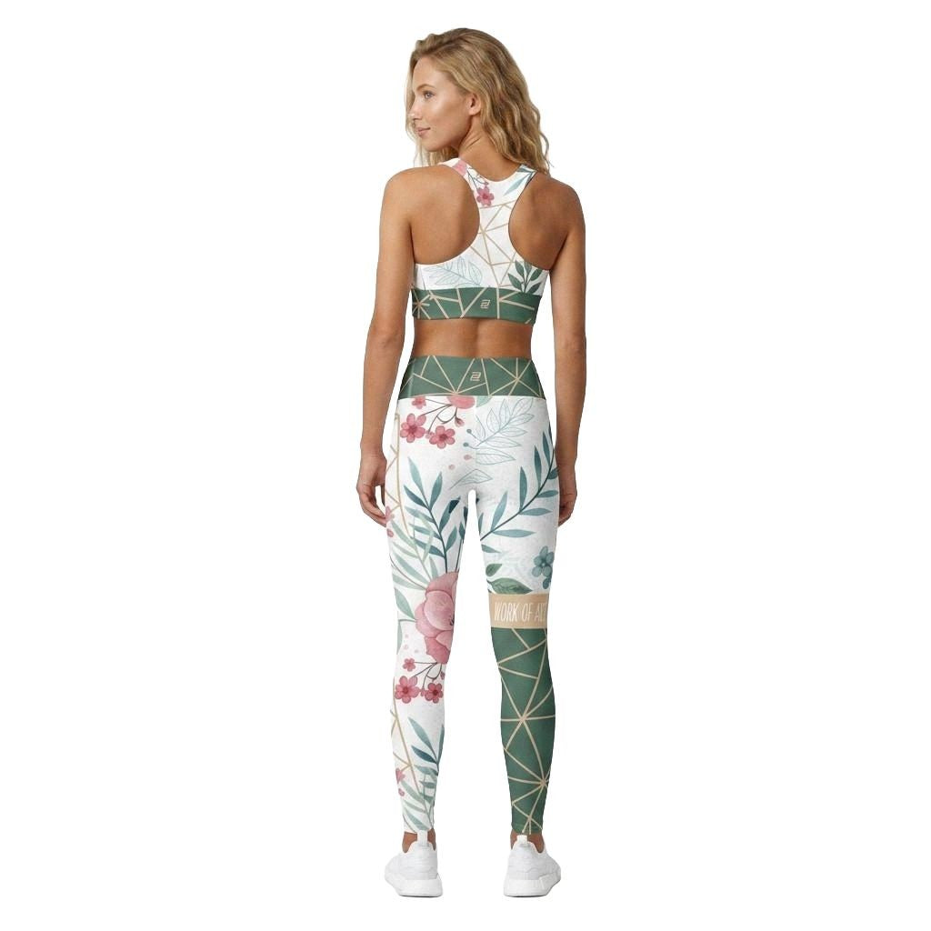 Model wearing work of art matching activewear set consisting of a sports bra and leggings, with floral pattern and geometric accent, back view