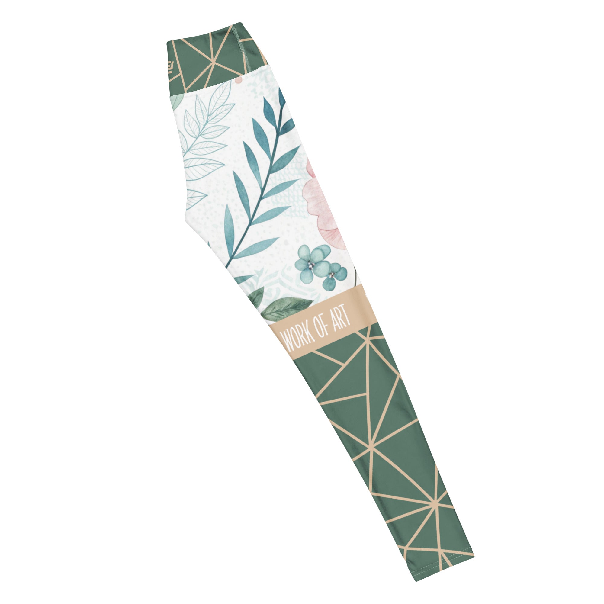 Work of art floral geometric leggings with soft colors, eco-friendly women’s activewear right long view