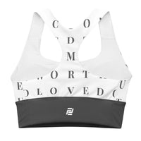 "Worth the Search" longline sports bra with grey band, medium-high support activewear front view