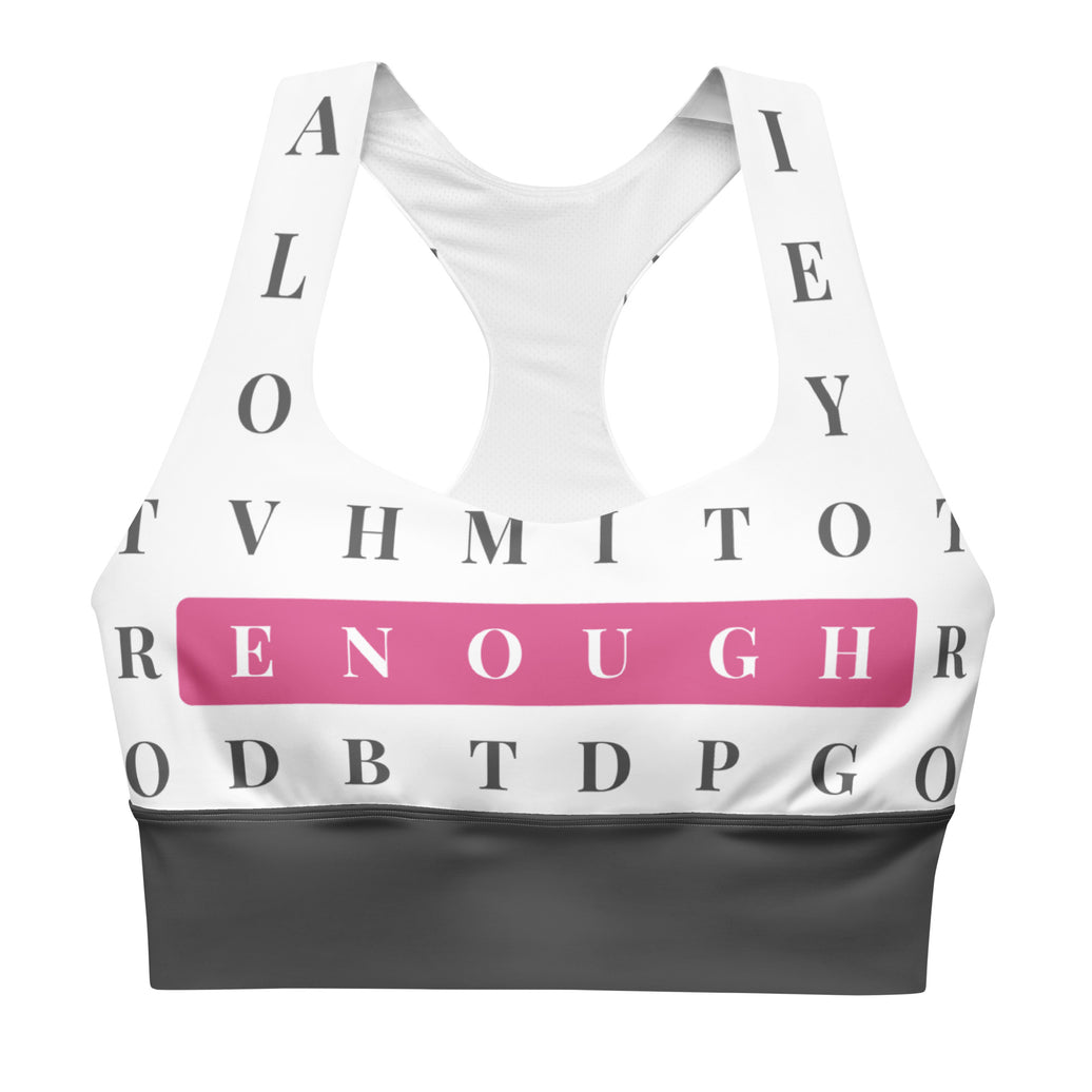 "Worth the Search" longline sports bra with grey band, medium-high support activewear front view