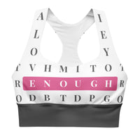 "Worth the Search" longline sports bra with grey band, medium-high support activewear front view