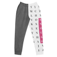 "Worth the Search" statement joggers with grey colorblock, women’s bold activewear front view