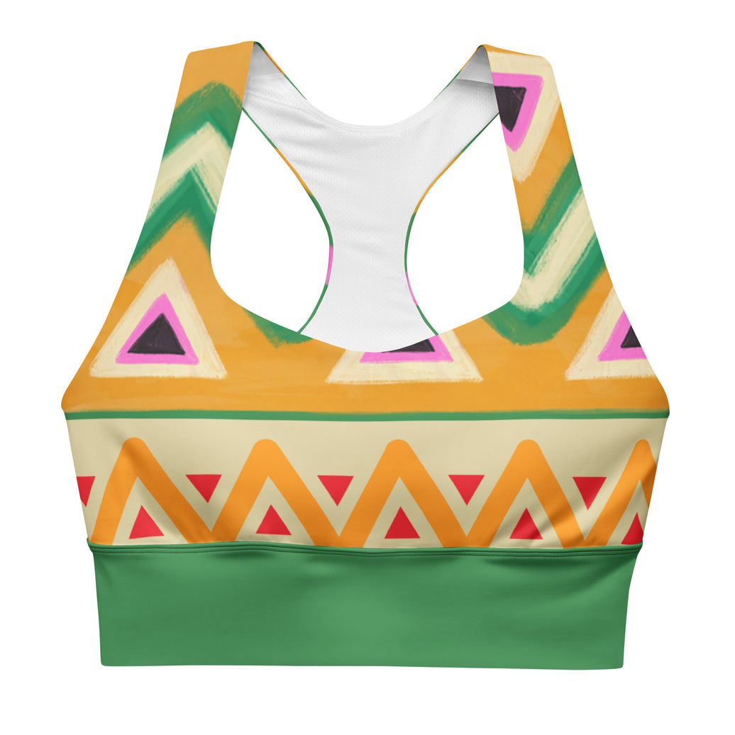 "Bold Frequency" longline sports bra with rust band, medium-high support activewear front view