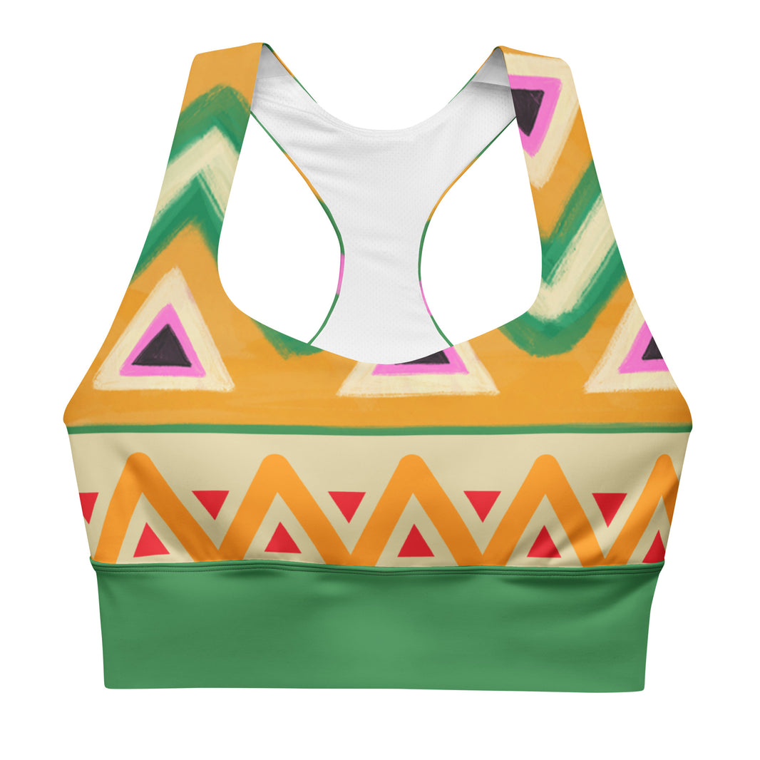 "Bold Frequency" longline sports bra with rust band, medium-high support activewear front view