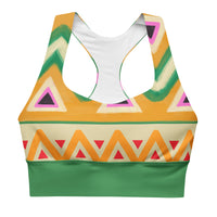 "Bold Frequency" longline sports bra with rust band, medium-high support activewear front view