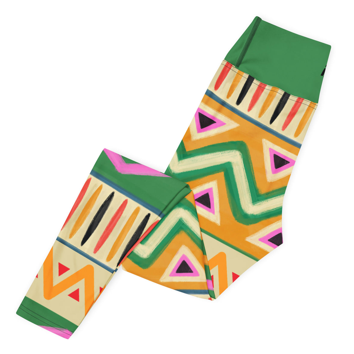 Bold frequency tribal leggings with bold colors, eco-friendly women’s activewear left folded view