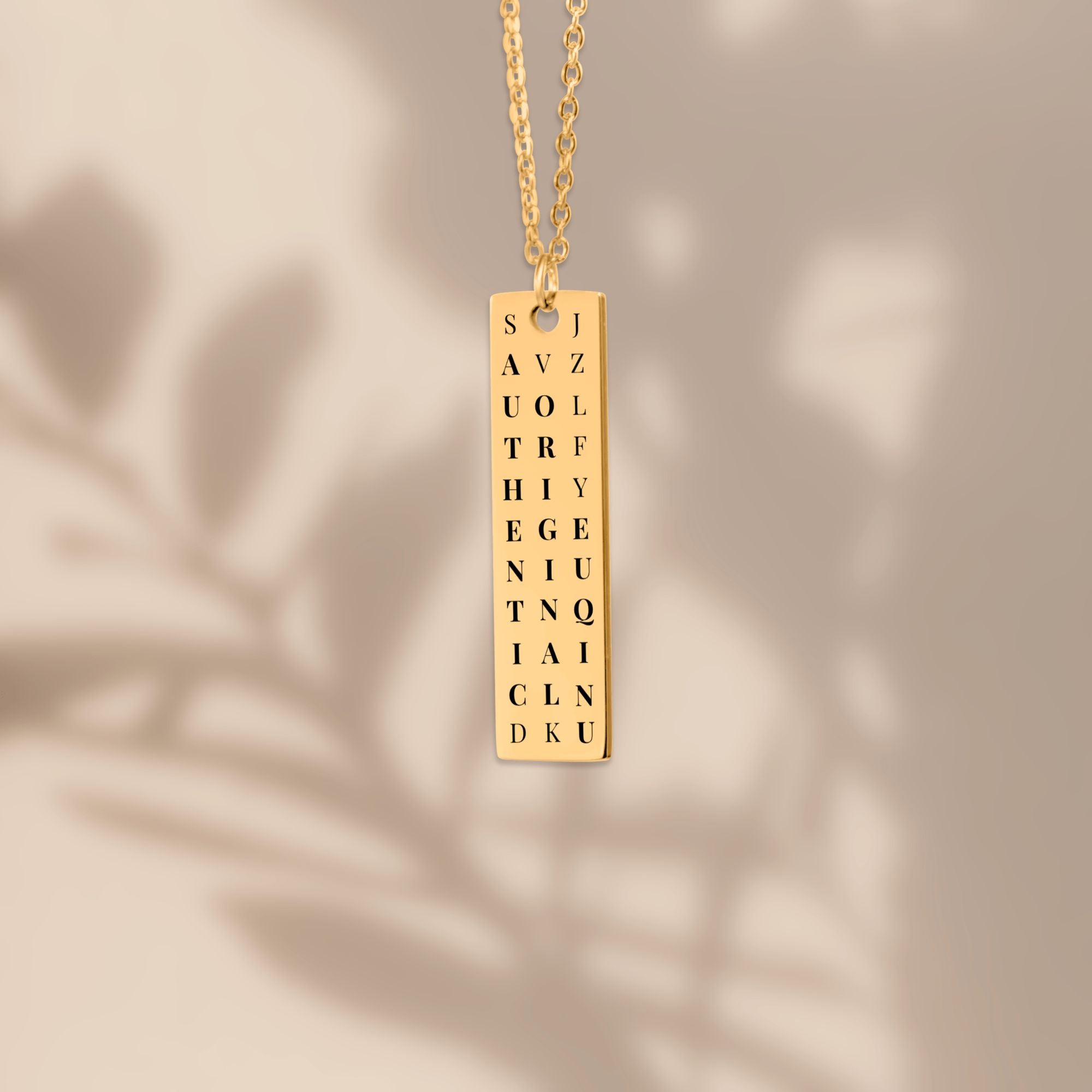 Authentic. Original. Unique. Personalized Word Search Vertical Bar Necklace
