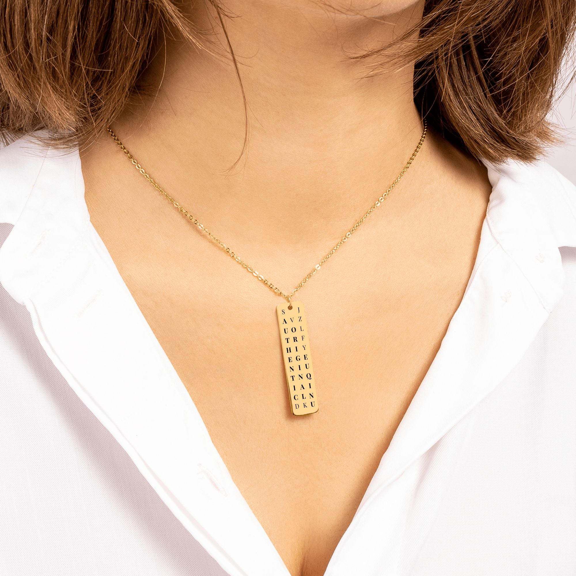 Authentic. Original. Unique. Personalized Word Search Vertical Bar Necklace