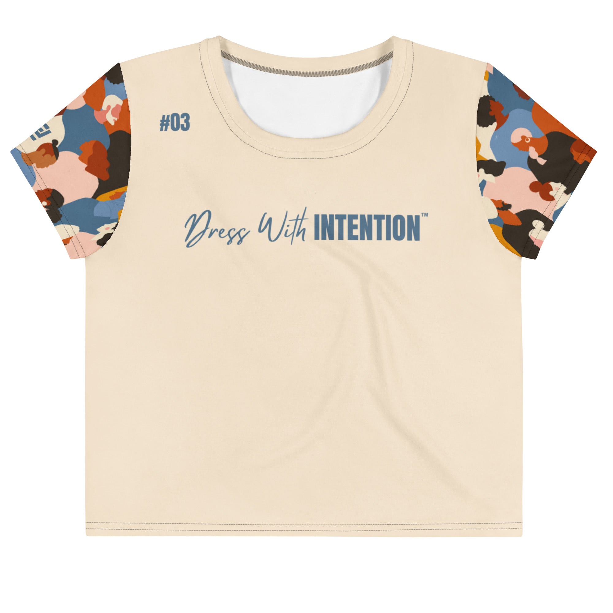 Dear Human Behind Me™ beige abstract crop  t-shirt Message #03 dress with intention front view