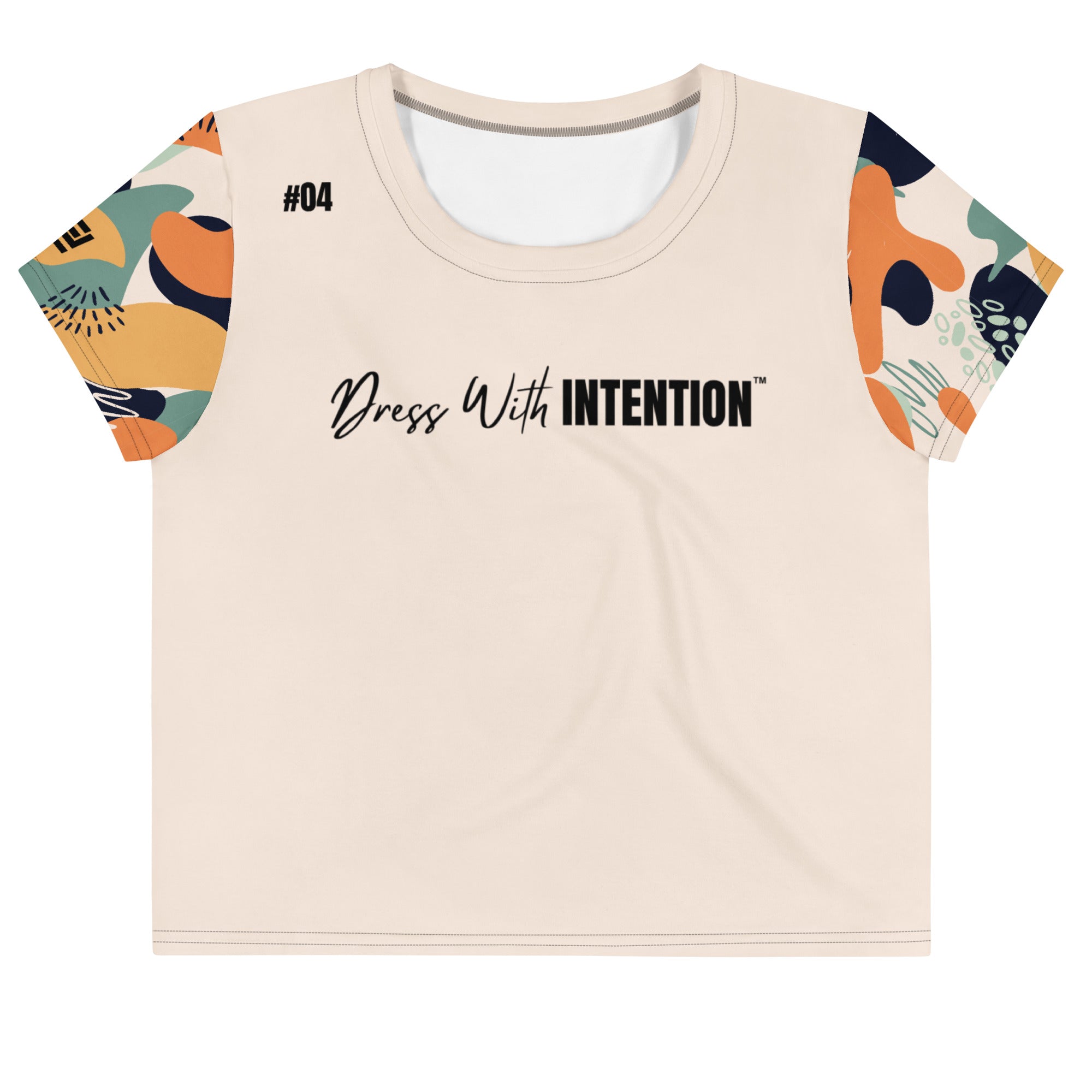 Dear Human Behind Me™ beige abstract crop  t-shirt Message #04 dress with intention front view