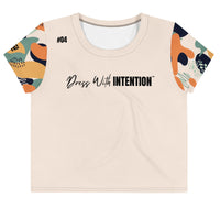 Dear Human Behind Me™ beige abstract crop  t-shirt Message #04 dress with intention front view