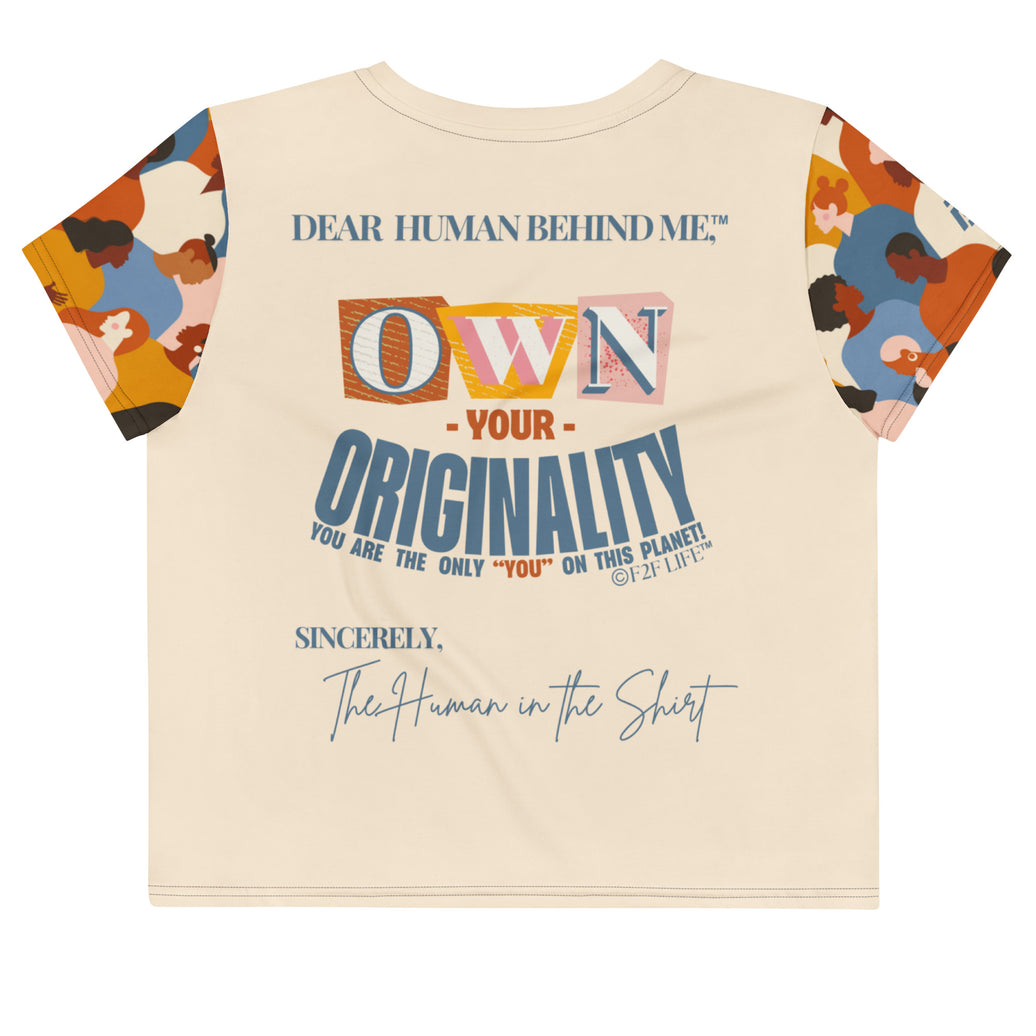 Dear Human Behind Me™ beige abstract crop t-shirt Message #03 own your originality back view