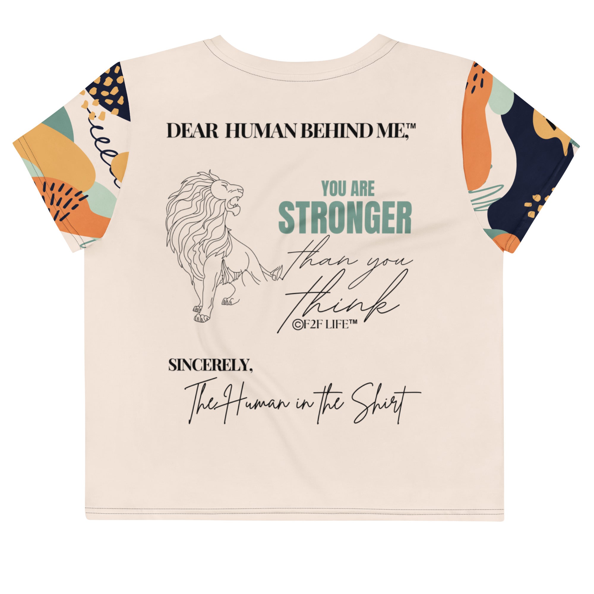 Dear Human Behind Me™ beige abstract crop t-shirt Message #04 you are strong back view