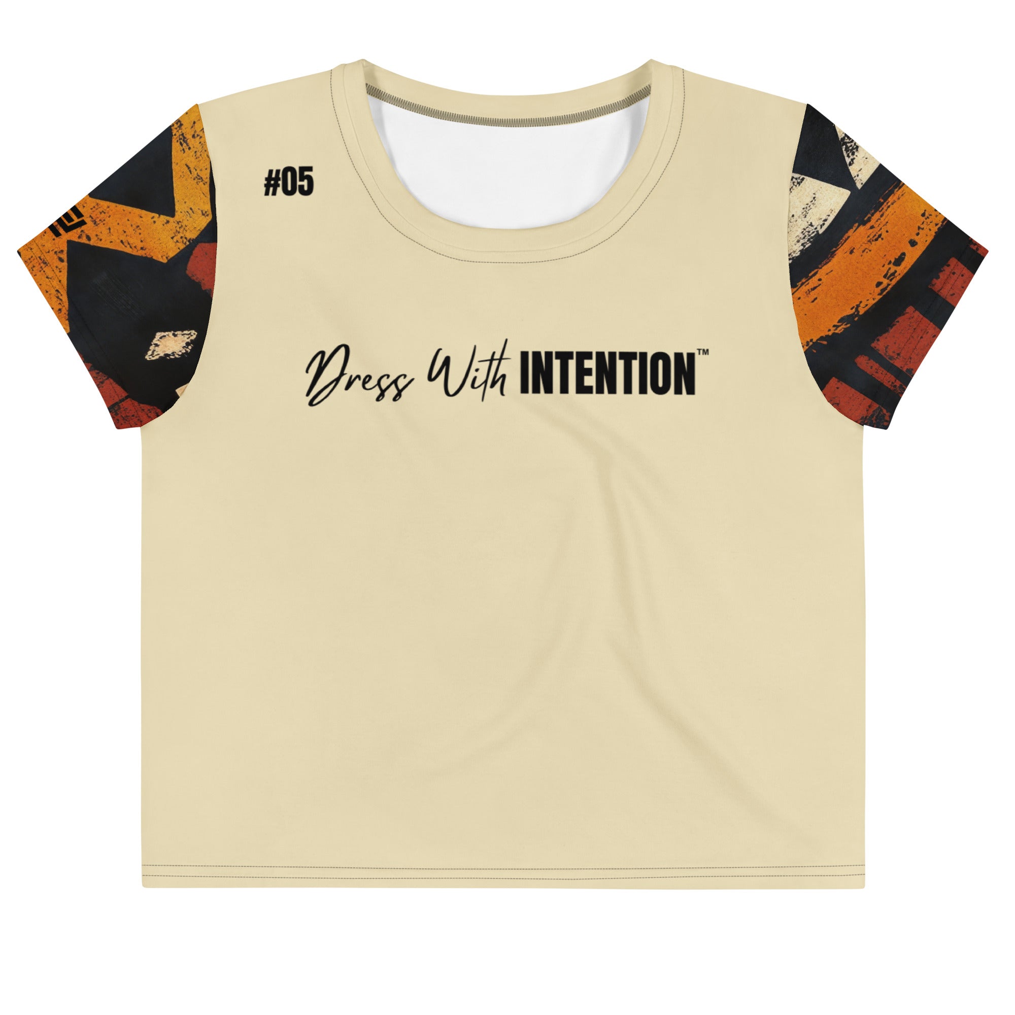 Dear Human Behind Me™ beige African crop  t-shirt Message #05 dress with intention front view