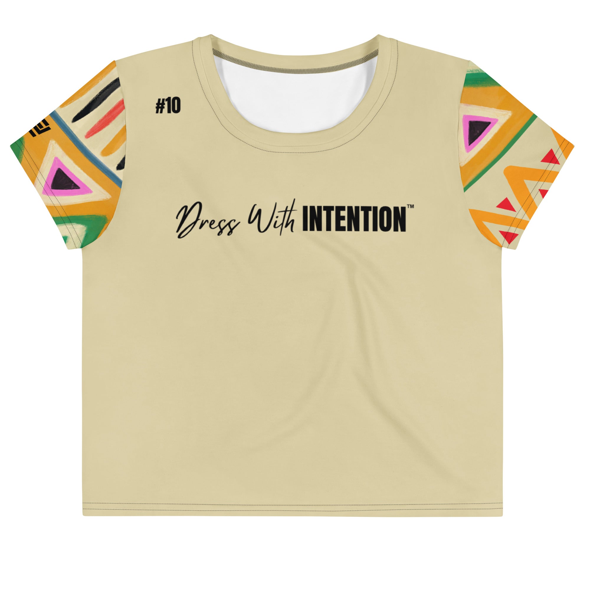 Dear Human Behind Me™ beige tribal crop  t-shirt Message #10 dress with intention front view