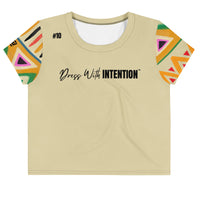 Dear Human Behind Me™ beige tribal crop  t-shirt Message #10 dress with intention front view