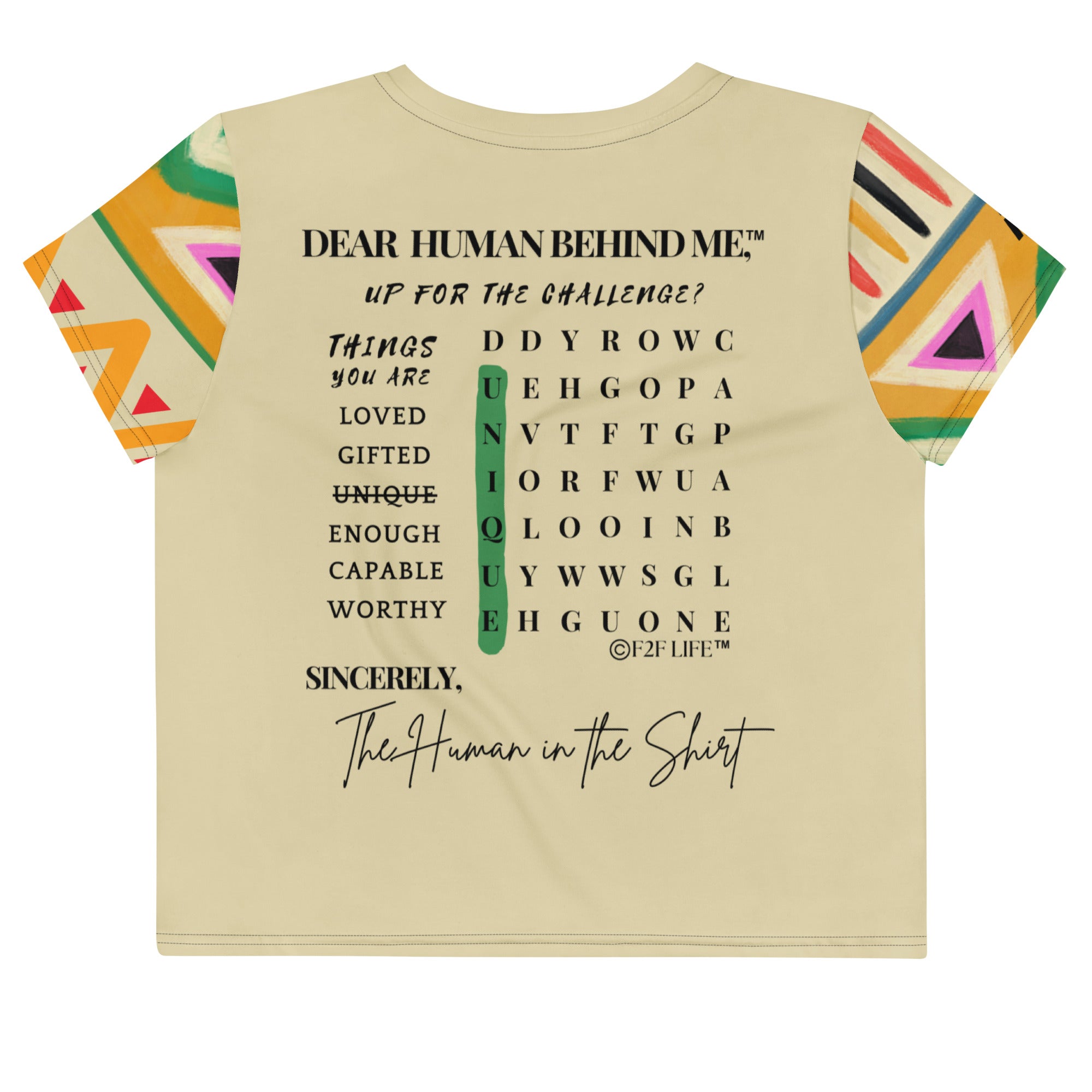 Dear Human Behind Me™ beige tribal crop t-shirt Message #10 things you are back view