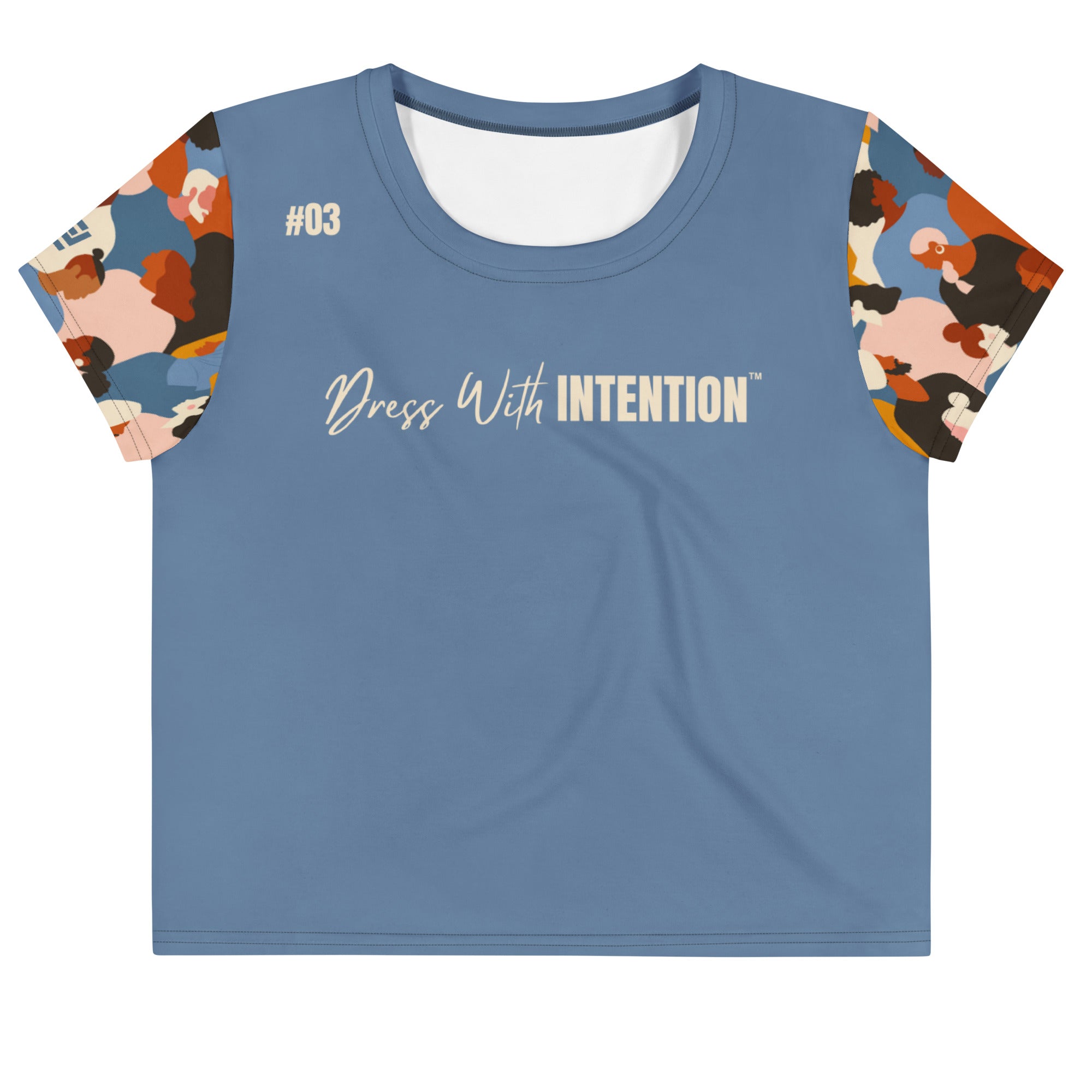 Dear Human Behind Me™ blue abstract crop  t-shirt Message #03 dress with intention front view
