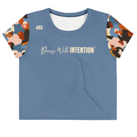 Dear Human Behind Me™ blue abstract crop  t-shirt Message #03 dress with intention front view