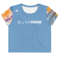 Dear Human Behind Me™ blue abstract crop  t-shirt Message #07 dress with intention front view