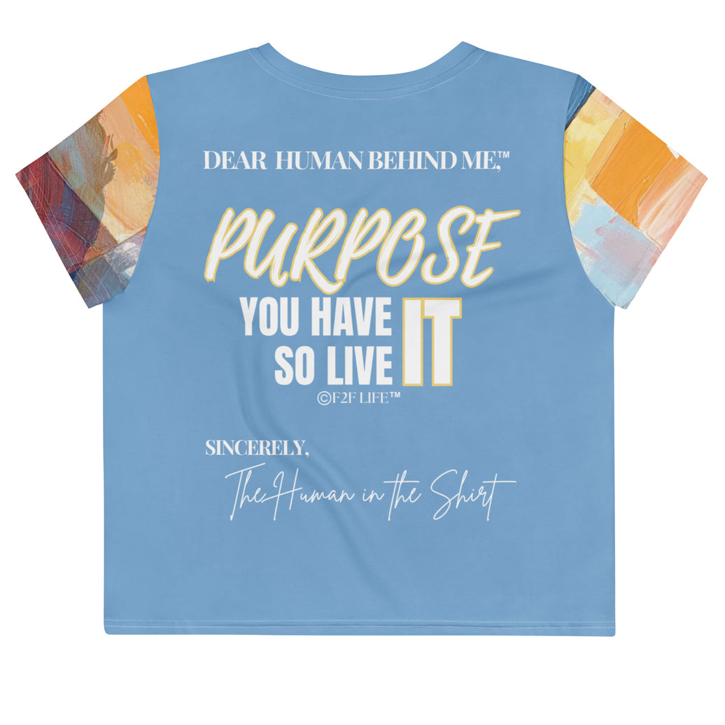 Dear Human Behind Me™ blue abstract crop t-shirt Message #07 you have purpose back view