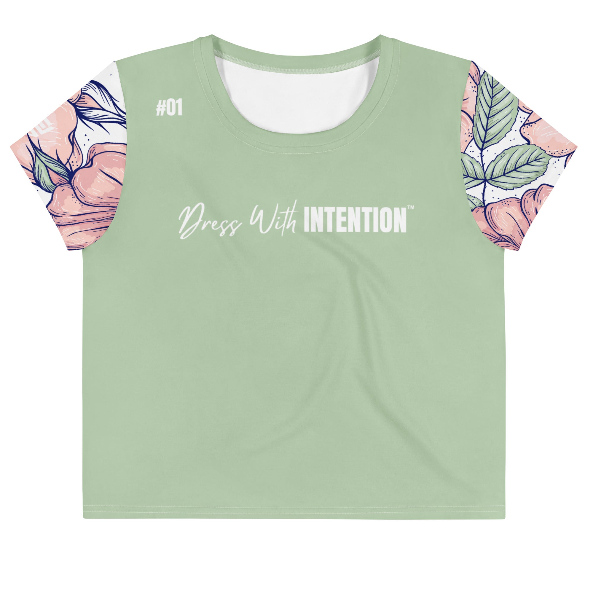 Dear Human Behind Me™ green floral crop  t-shirt Message #01 dress with intention front view