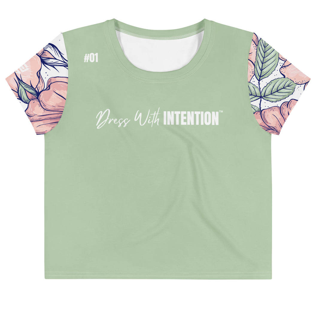 Dear Human Behind Me™ green floral crop  t-shirt Message #01 dress with intention front view