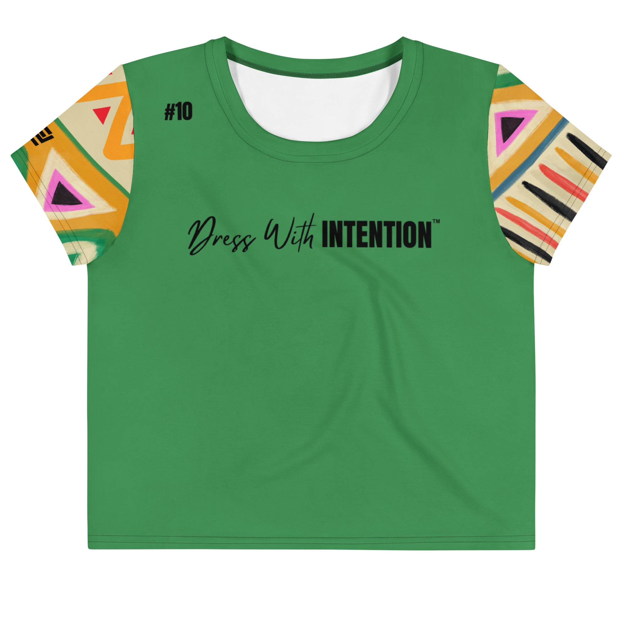 Dear Human Behind Me™ green tribal crop  t-shirt Message #10 dress with intention front view