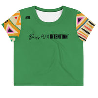 Dear Human Behind Me™ green tribal crop  t-shirt Message #10 dress with intention front view