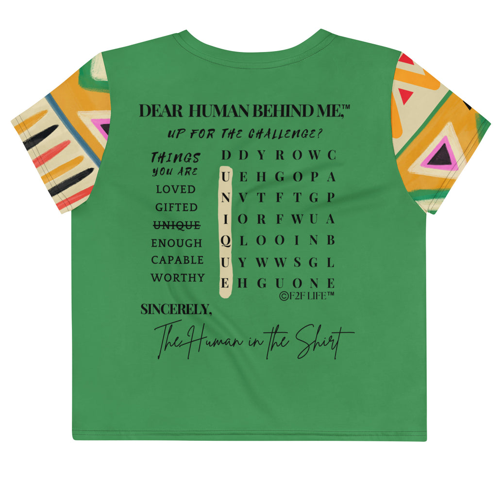 Dear Human Behind Me™ green tribal crop t-shirt Message #10 things you are back view